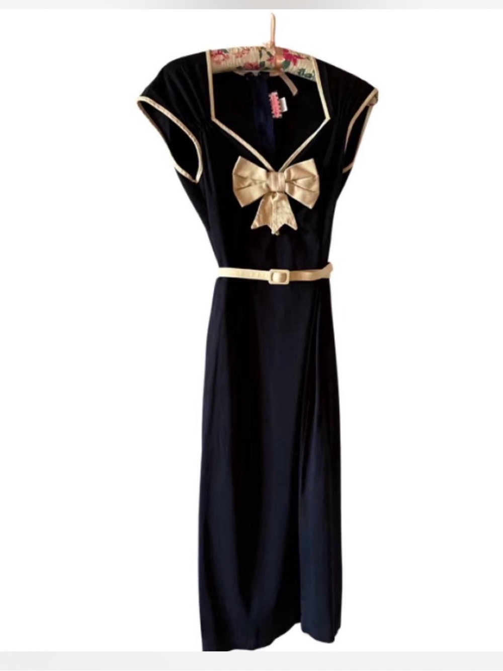 Blue Vintage Dress with Gold Bow and Trim Dress S